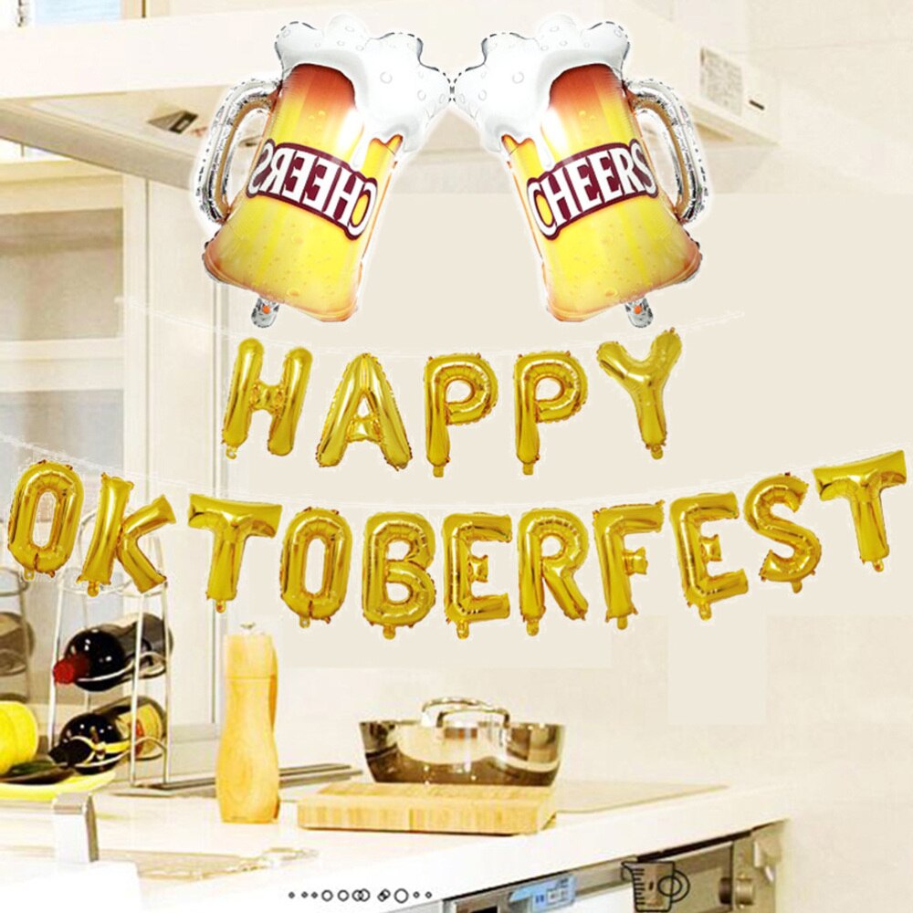 1 sæt folieballoner glad oktoberfest bogstaver ølkopper mønstre mylar helium balloner festindretning (gyldne)