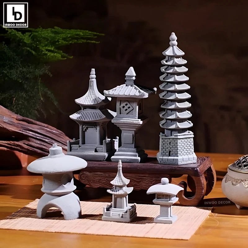 Torre de piedra de arena en miniatura Zen Vintage, adornos de pabellón, figuras de farol, bonsái de jardín japonés, decoración del hogar