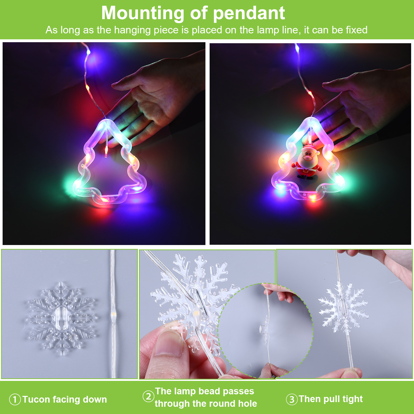 Julegardinlys til vindu, hengende lys med julenissen, innendørs ,3m, 100 led-lys med , 8 moduser, stjernegardin