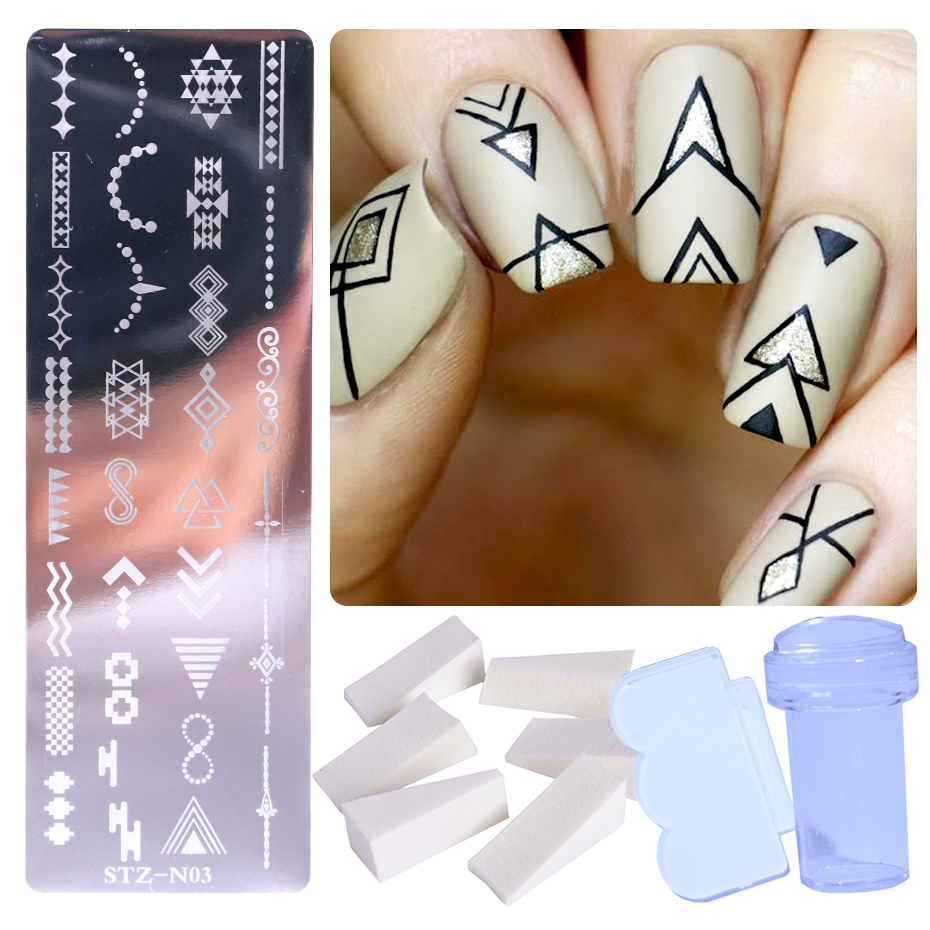 Pochoir pour ongles en dentelle, motifs de fleurs, papillons, feuilles, images d'animaux, tampons, grattoir, éponge, Kit d'outils BESTZN01-12: STZ-N03 Stamper Set