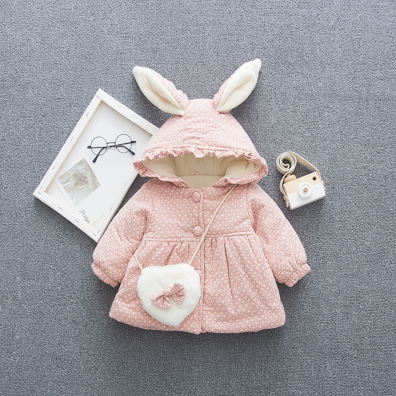 Baby pige vinterfrakke bunny pels hætteklædt tykkere velet flora parkas sne slid toddler spædbarn tøj: Lyserød / 4-6m