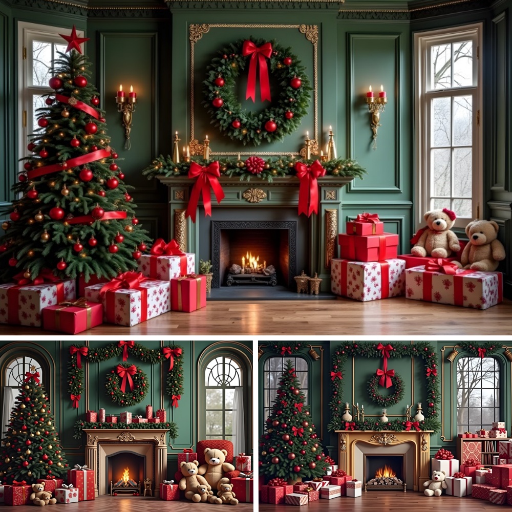 Christmas Green Wall Photography Background Interior Vintage Fireplace Xmas Tree Kid Family Party Portrait Backdrop