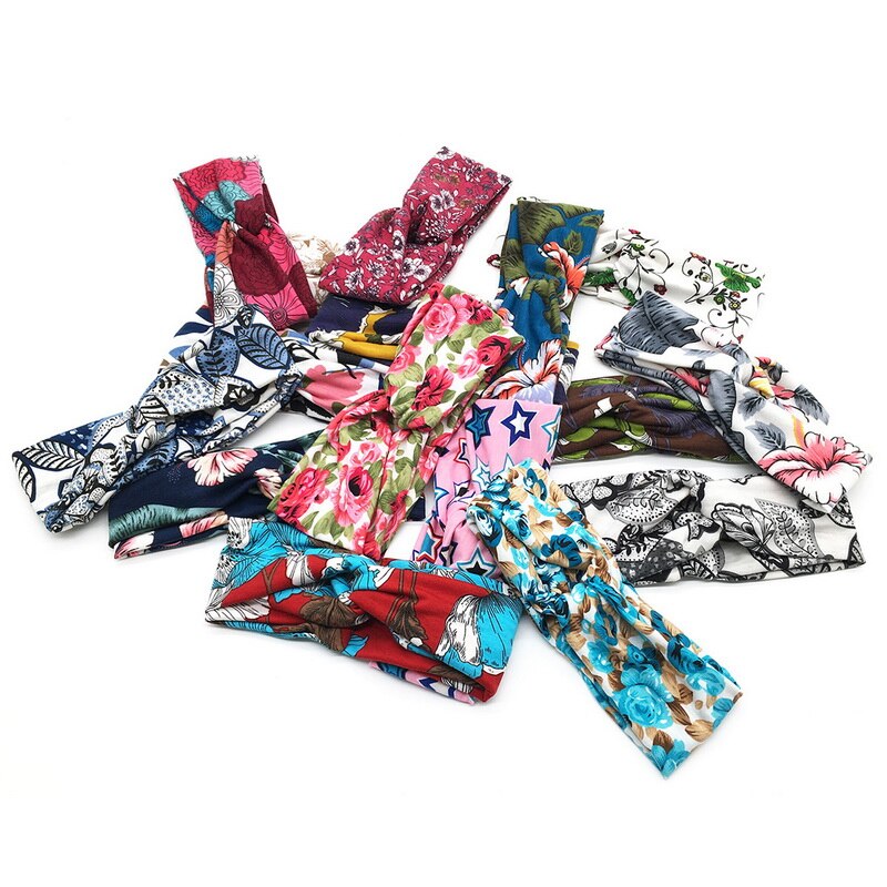 Women Flower Headband Floral Prints Elastic Turban Cross Knot Hair Band Wide Stretch Girls Sports Yoga Headband Hair Accessories