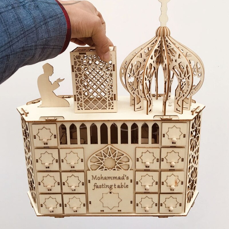 Wooden Eid Mubarak Ramadan Advent Calendar LED Light DIY Muslim Islamic 30 Grids Countdown Drawer Decor