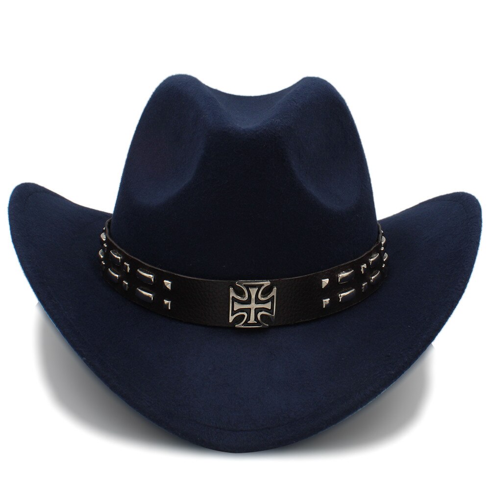 Kvinder uld western cowboy hat med roll-up brim kirke dame jazz hestesport sombrero hombre steampunk cap størrelse 56-58cm: Mørkeblå
