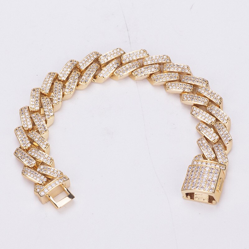 14mm Hip Hop AAA CZ Zircon pierre pavé Bling glacé carré bordure cubaine Miami lien chaîne Bracelet Bracelet pour hommes rappeur bijoux: Gold / 7inch bracelet