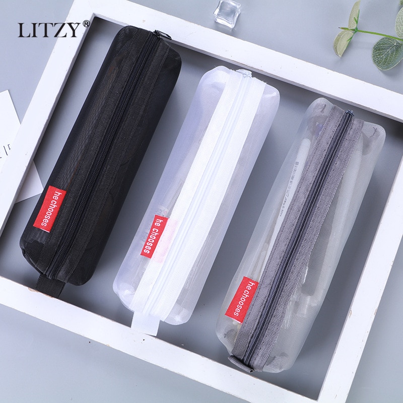 Black Transparent Nylon Pencil Case for School Mesh Pencil Bag Large Capacity Pen Box Pencilcase Stationery School Office Supply