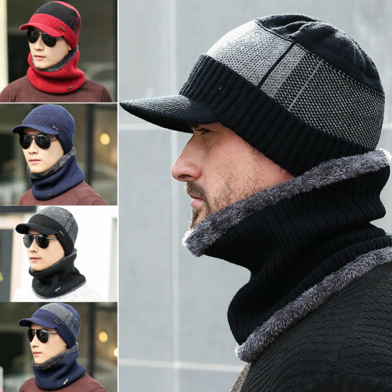 Venda quente inverno tricô chapéu cachecol conjunto masculino cor sólida quente boné cachecóis masculino inverno ao ar livre acessórios chapéus cachecol 2 peças