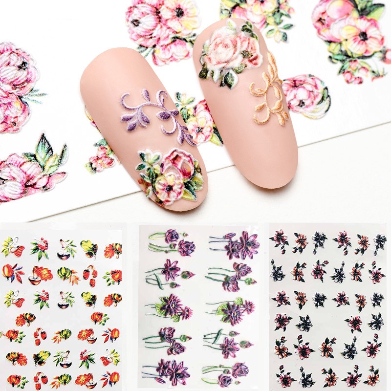 3D Acrylic Engraved Nail Sticker Winter colorful flowers birds love desgin Water Decals Empaistic Nail Water Slide Decals Z0260