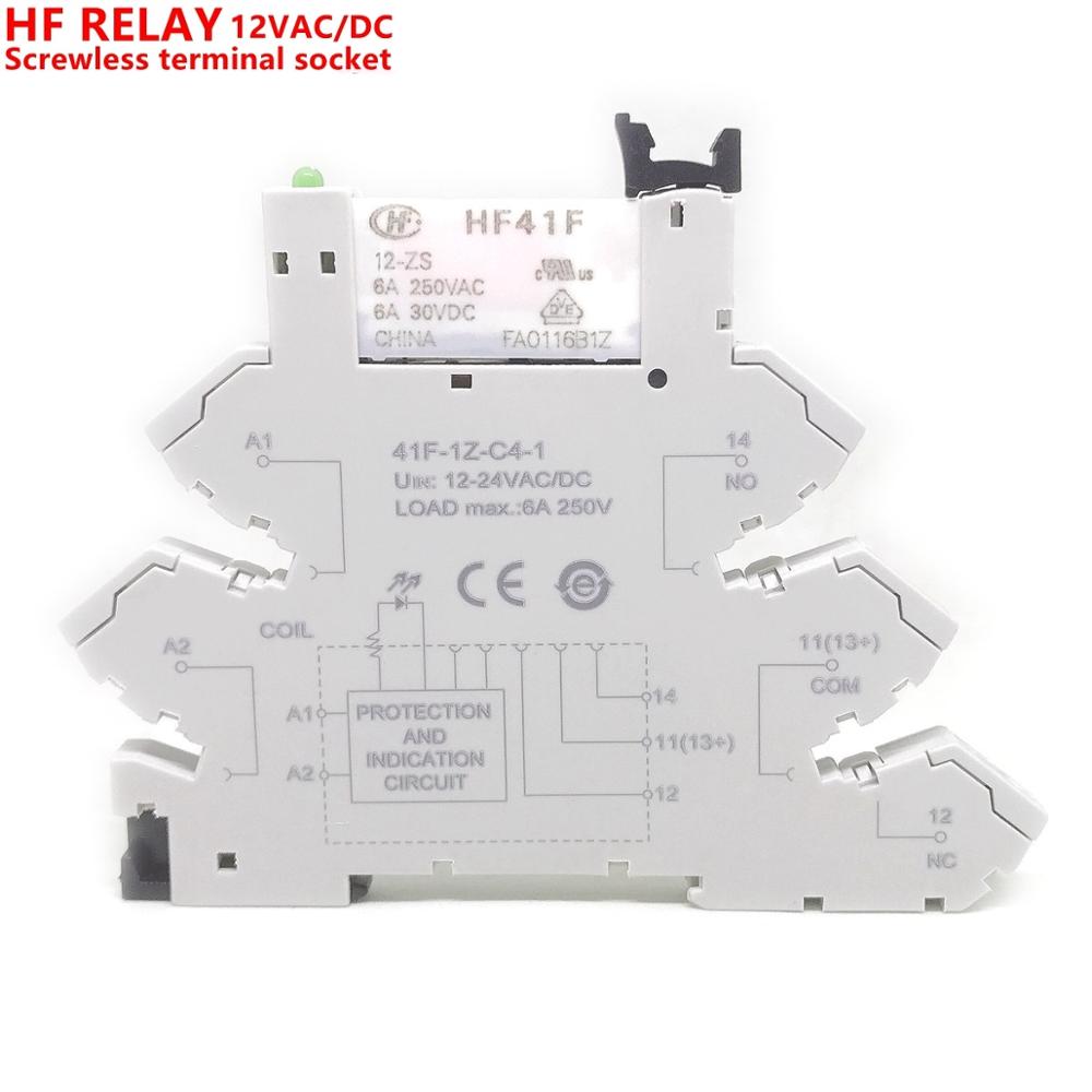 41f-1z-c2-1 hf41f 24-zs 12-zs 5v 12v 24v 230v 6a 1co slim/ssr reläfäste på skruvhylsa med led wafer-relä: 12v 1co 6a skruvlös