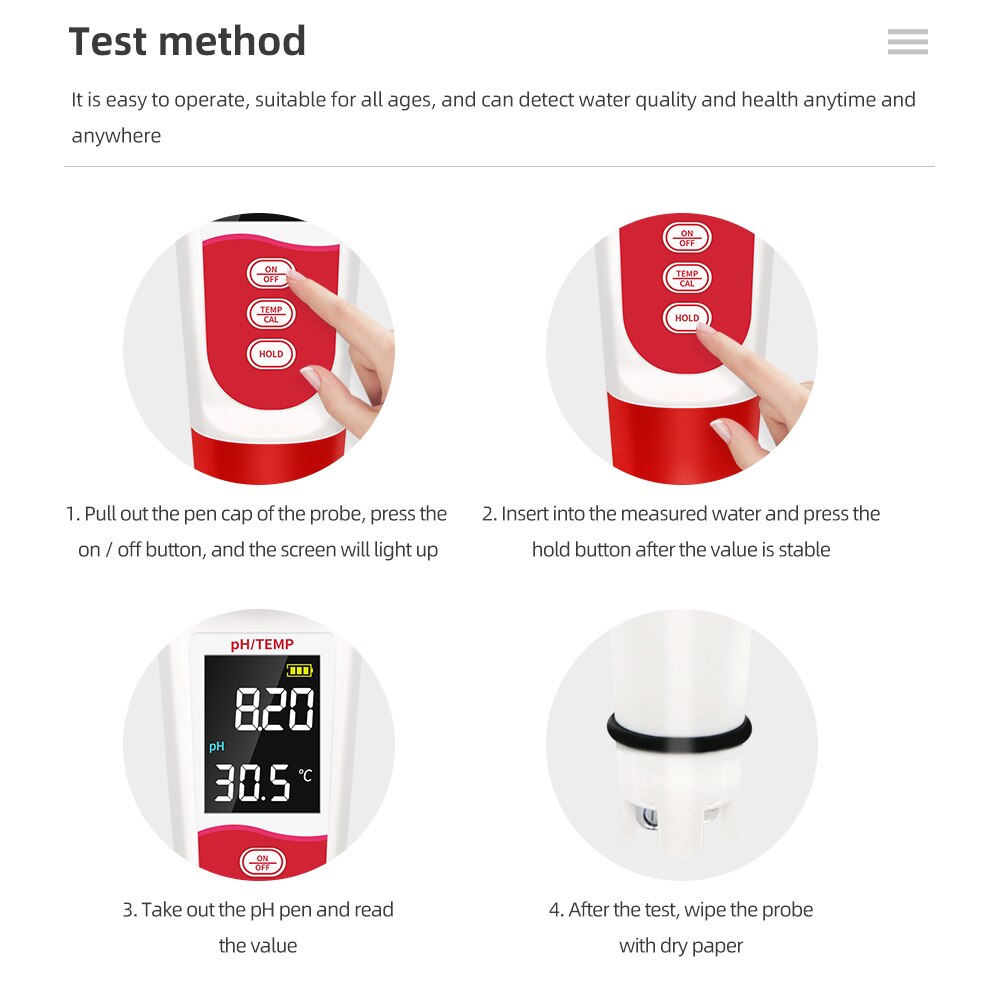 Digital PH Temp Meter Water Purity Tester Temperature Pen Acidometer Detector for Pool Laboratory Aquarium