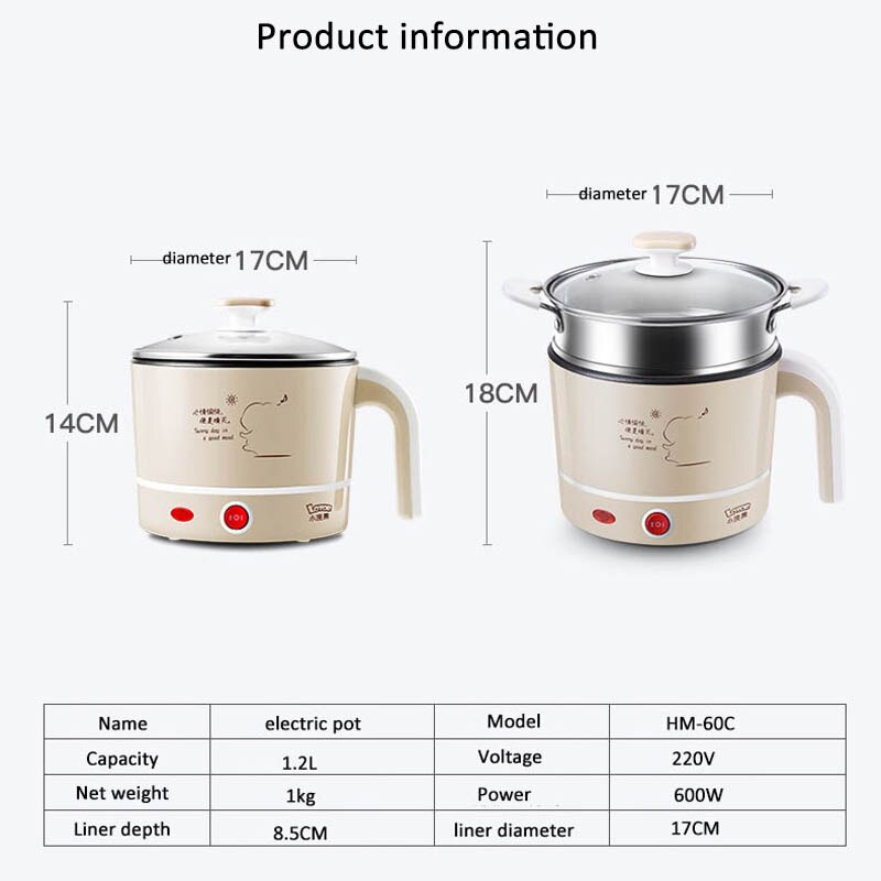 Kbxstart 220V Multifunction Electric Cooking Pot Skillet Noodles Rice Cooker Thermal Insulation 1.2L Mini Pot Cooker