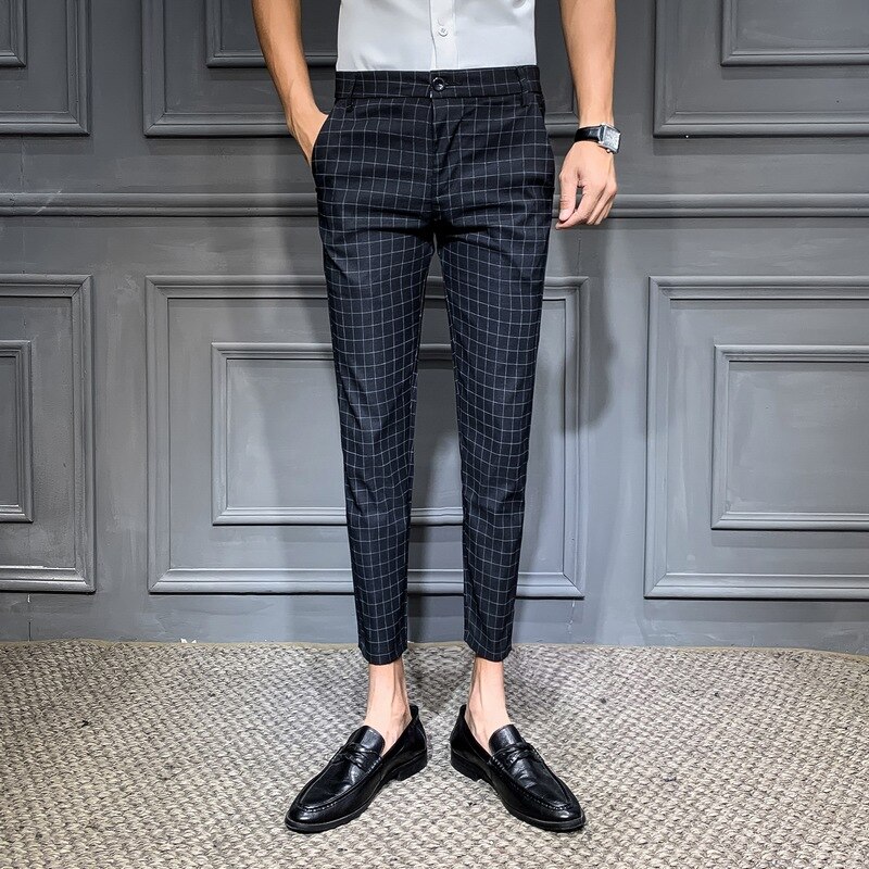 Brittisk stil herr rutiga byxor sommar affärsformella byxor för män slim fit ankellånga kontorsbyxor herr 34-28