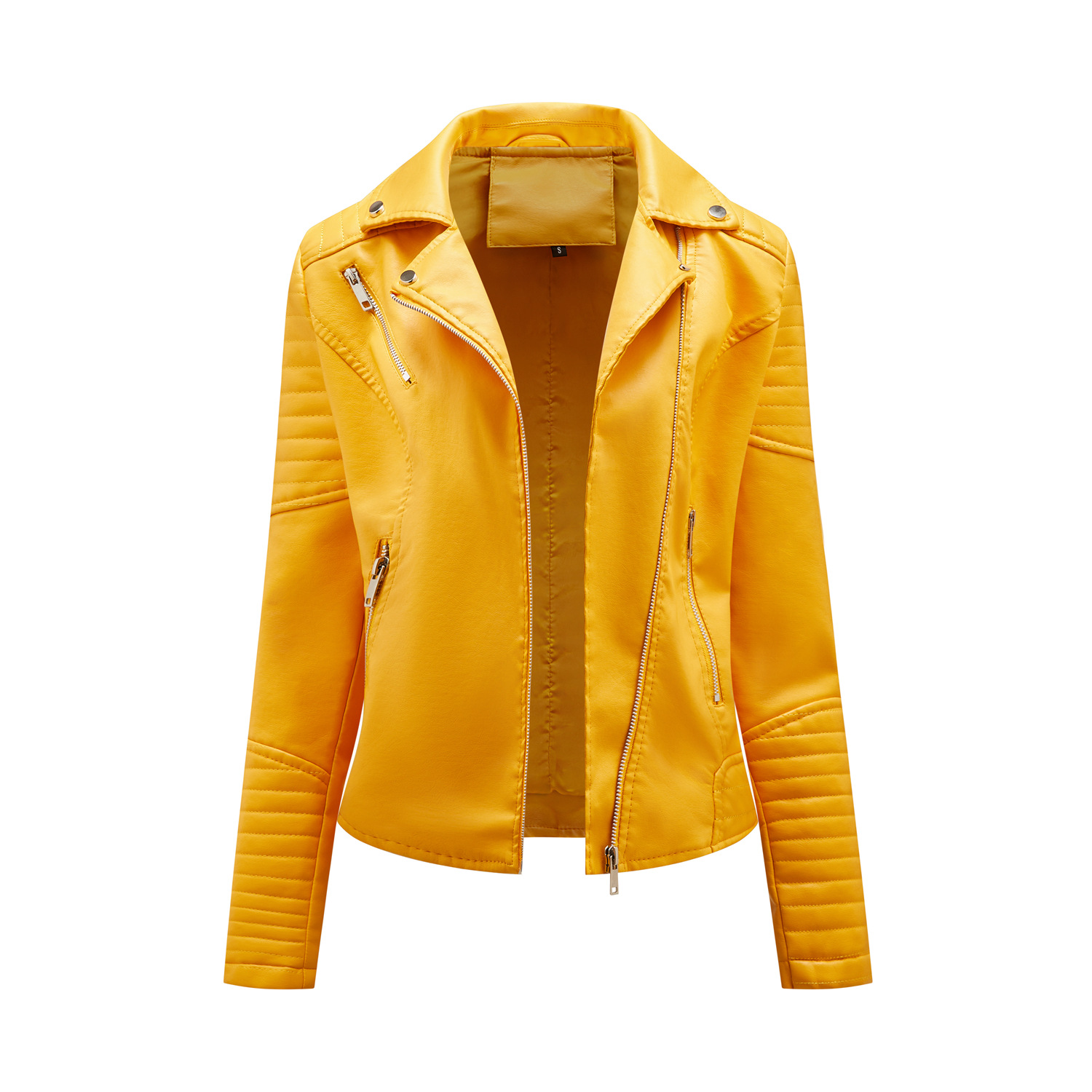 Spring and Autumn short women's leather jacket, Slim lapel biker suit, oblique zipper jacket women's coat: L / Blue