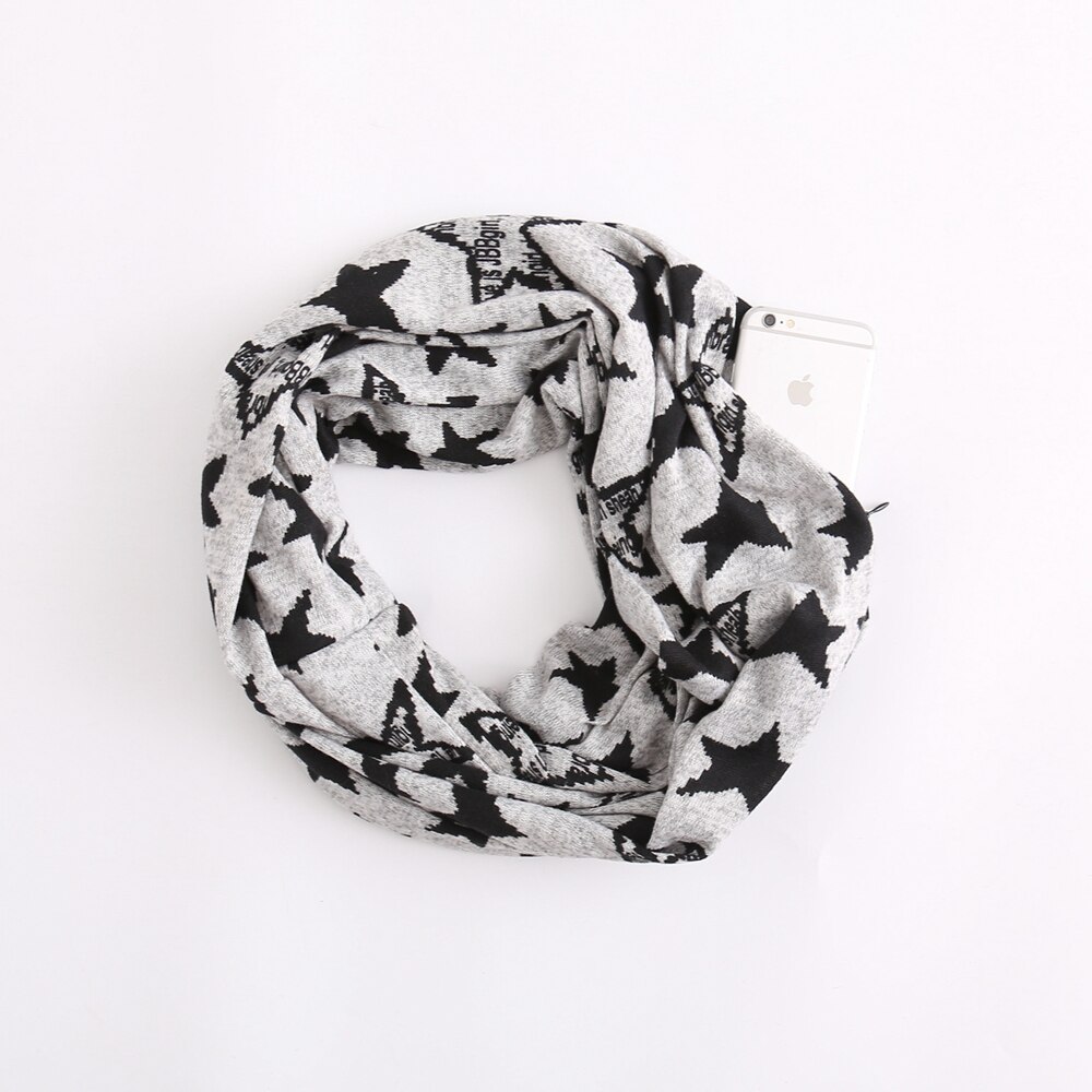 HanXi Secret Pocket Scarf with Zipper for Women Travels Leopard Crircles Scarves Soft Unisex Ring Scarf: star white