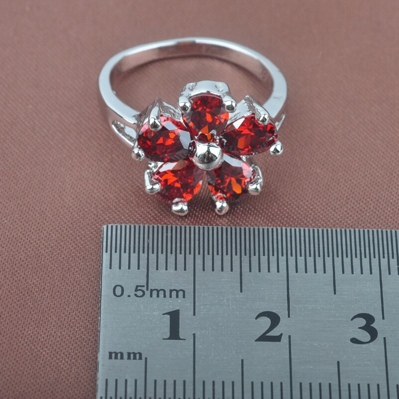 Kvinders sølvfarvede krystal smykkesæt rød granat blomst armbånd halskæde og øreringe ring sæt  yz0251: Ring / 10