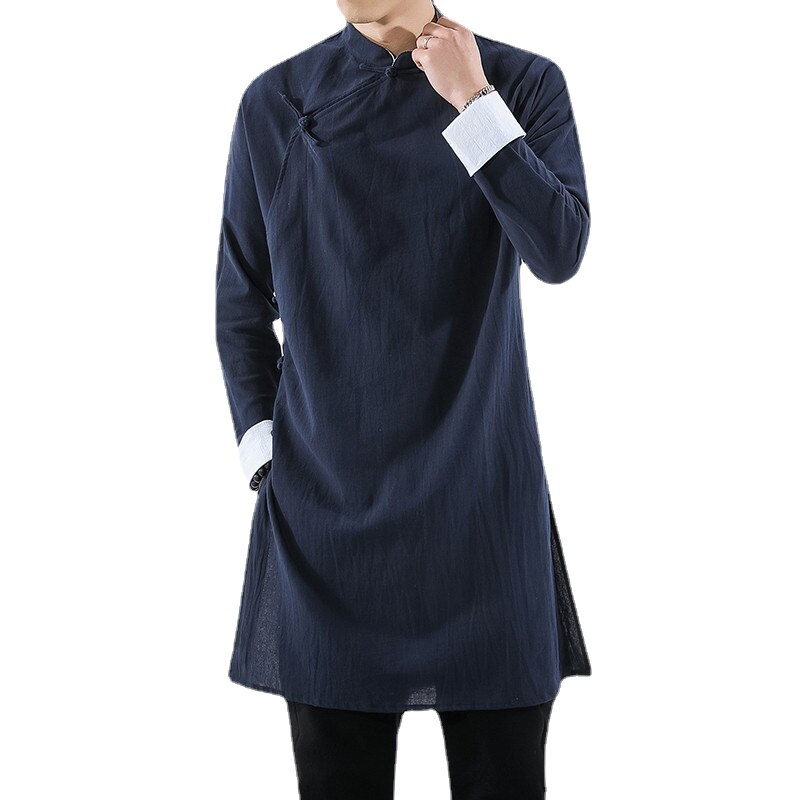 Hanfu – Long manteau noir en lin pour homme, Streetwear, Style chinois, Harujuku, coupe-vent,