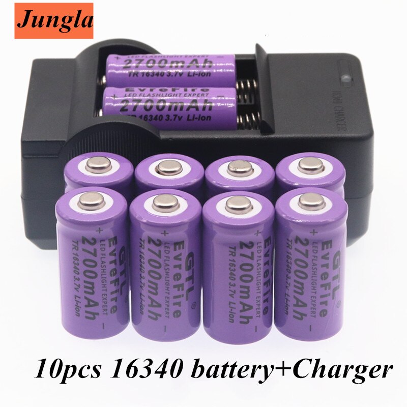 100% original 16340 Battery CR123A 16340 Battery 2700mAh 3.7V Li-ion Rechargeable Battery+16340Charger: Blue