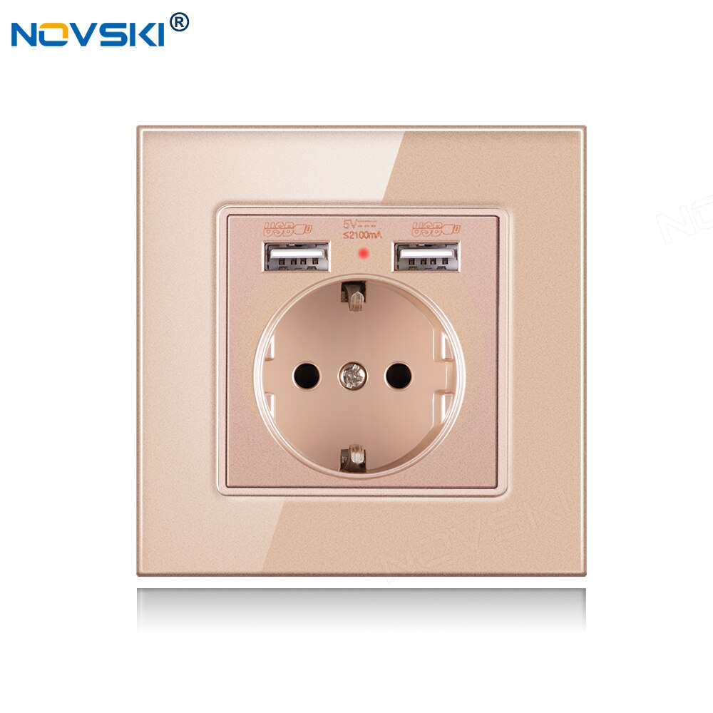 NOVSKI Pop Socket, USB-разъем 220, Electrical German Outlet, 2.1A Dual USB Charging Port with Soft LED Indicator: Crystal Glass Golden