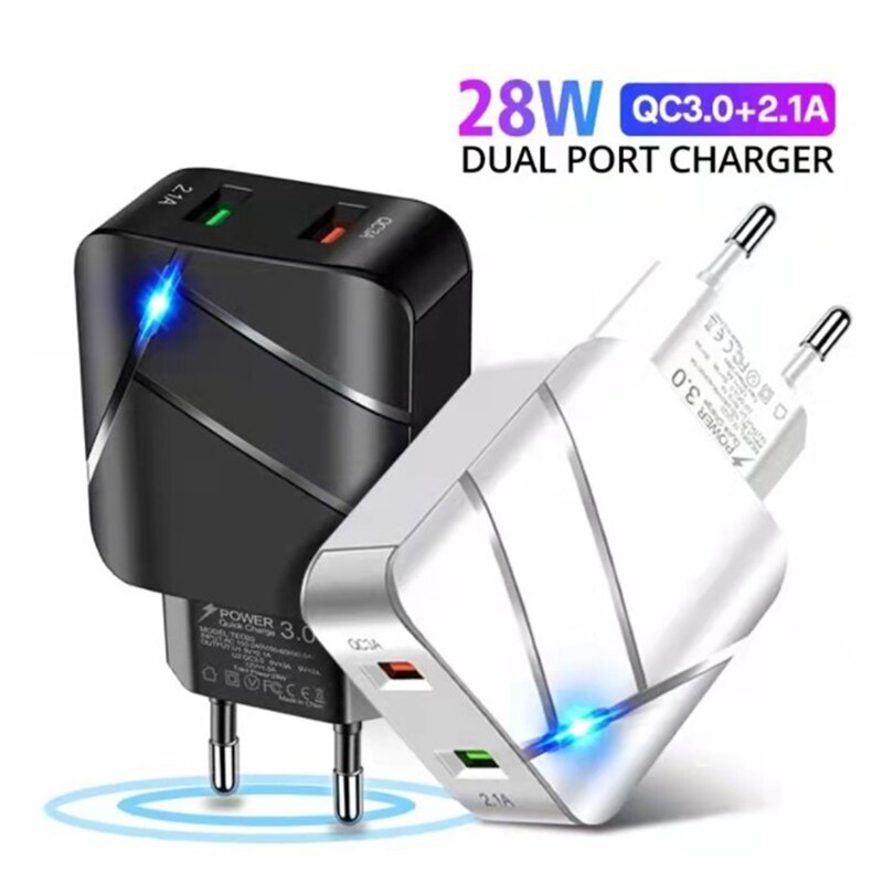 Dual USB Qc3.0 3a Usb+2.4a Usb Multi-Port Fast Charging Mobile Phone Charger Dual-Port US/EU Standard Fast Charging