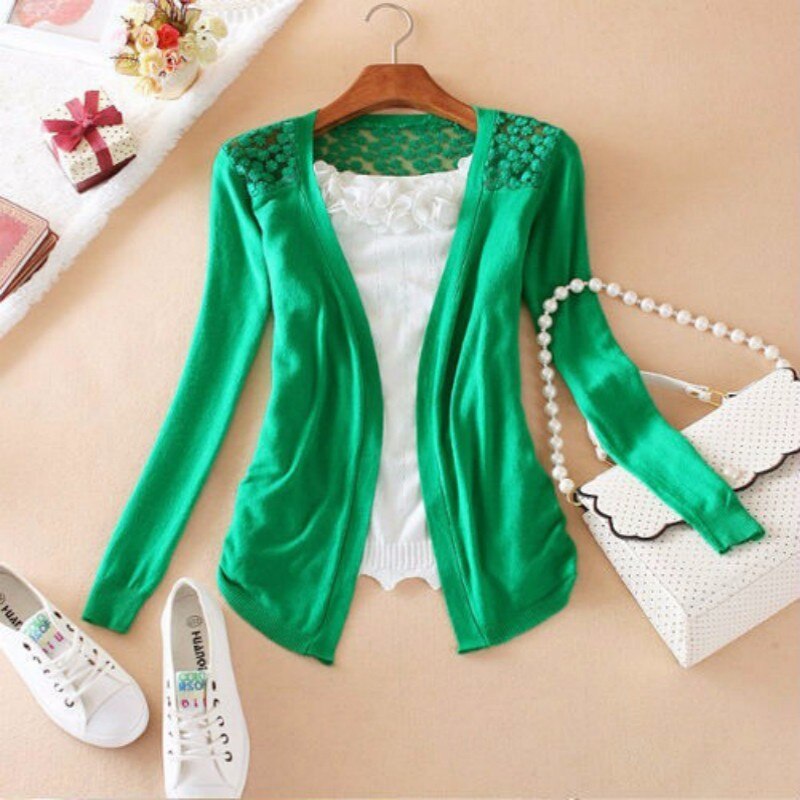 Vrouwen Lady Hollow Kant Gebreide Sweet Candy Kleur Crochet Knit Blouse Top Coat Trui Vest Lange Mouwen Slanke Dunne Out jas: GN