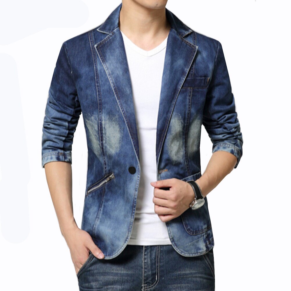 Spring Brand Male Jean Blazer Mens Trend Suits Casual One Button Jean Slim Fit Denim Jacket Suit Plus Size 4XL