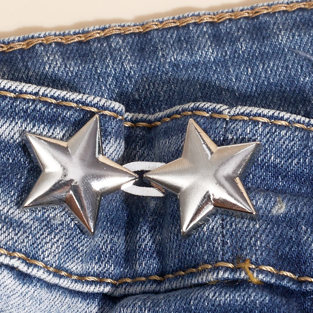 Botón de cintura con lazo para apretar, hebilla de cintura ajustable en forma de estrella y flor, sin costura, broche para pantalones, alfileres de fijación para pantalones vaqueros reutilizables: Verde negro / Chapado en platino