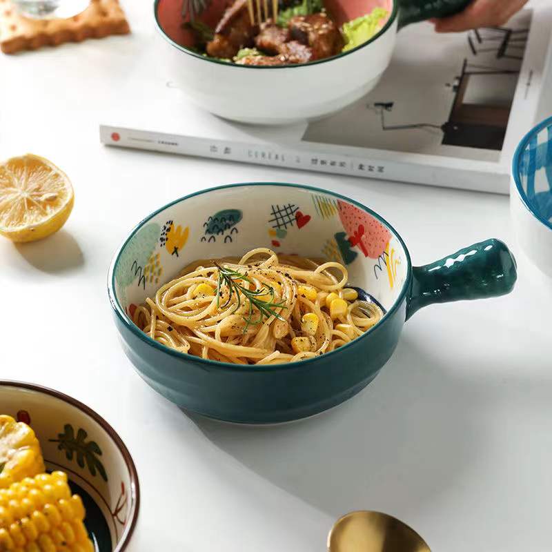 Cuenco de cerámica de un solo Mango, cuenco de fideos con de cuento de hadas de dibujos animados, cuenco grande, cuenco para restaurante, decoración del hogar