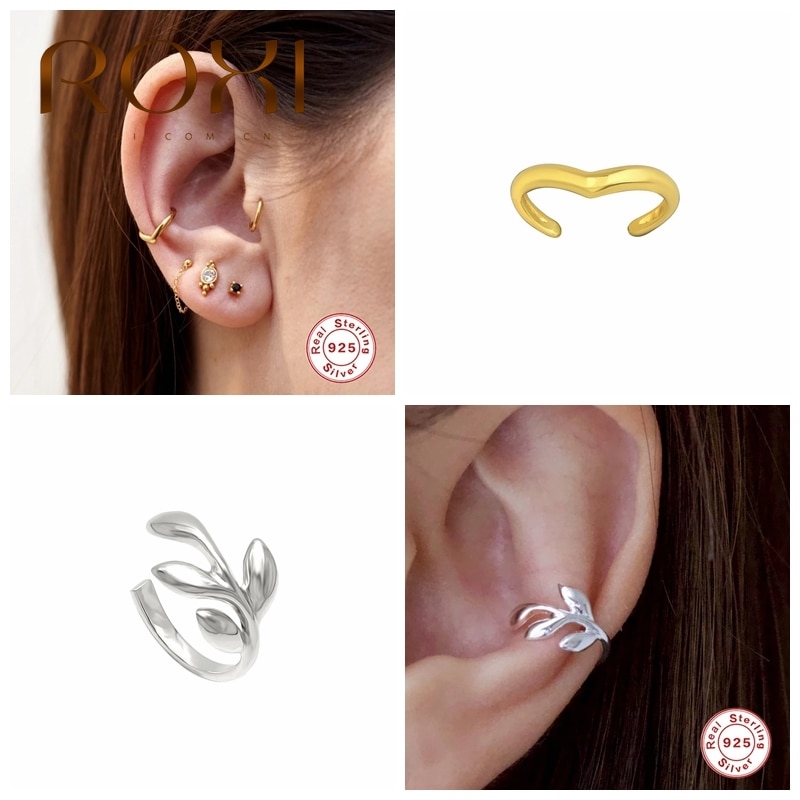 Pendientes ROXI 1PC 925 Sterling Silver Folha Ear Cuff Brincos Clipe para As Mulheres Simples Piercing Clip sobre Brincos Orecchini donna