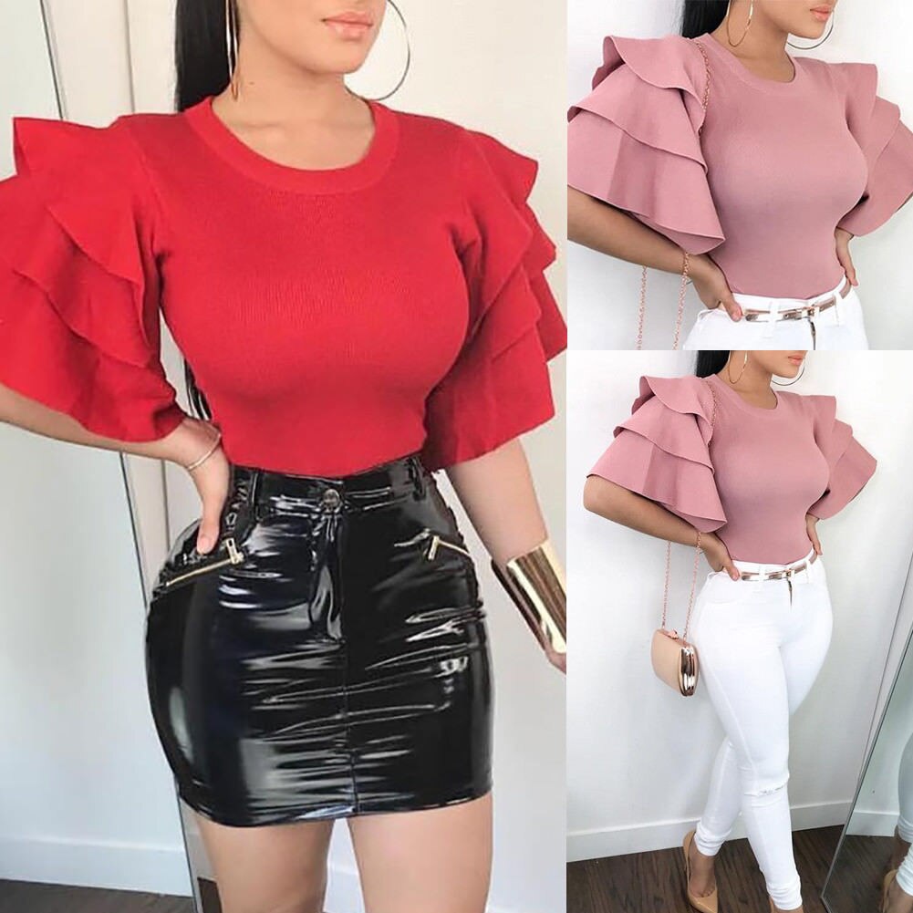 Womens Short Sleeve Blouse Peplum Summer Tops Ladies Long Office Shirts Plus Size Ruffle Blouse Femme