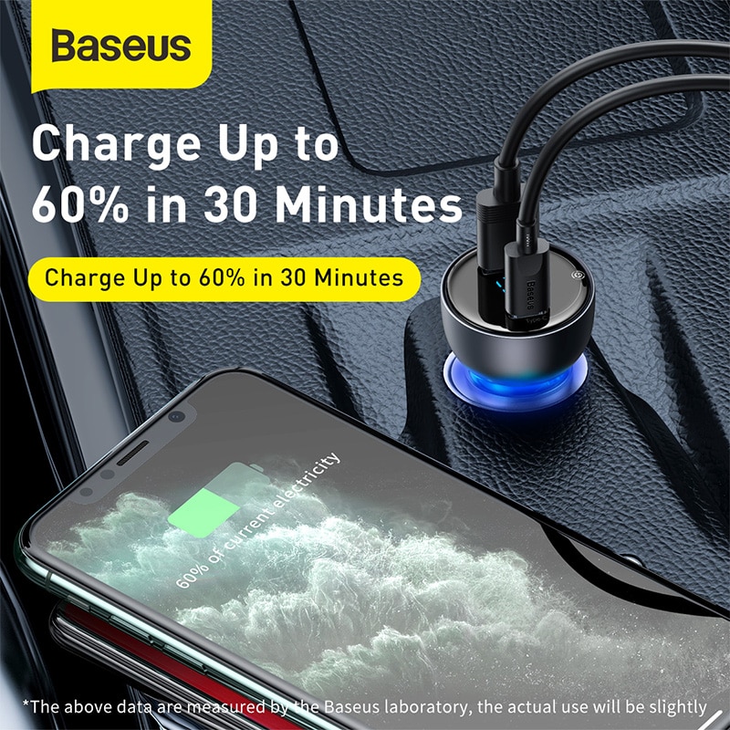 Baseus 65W PD Car Charger QC 4.0 QC 3.0 LED Display Type-C Fast Charger Quick Charger For iPhone Xiaomi USB Phone Charger In Car