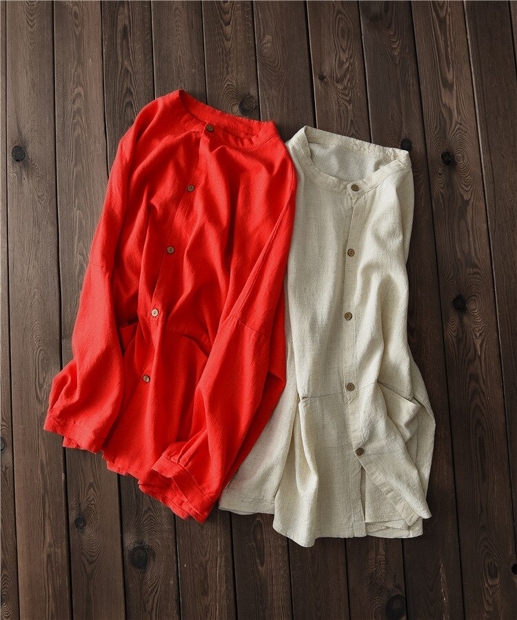 Muelle suvance verano otoño O Color sólido cuello Blusa de manga larga de lino Camisas de mujer