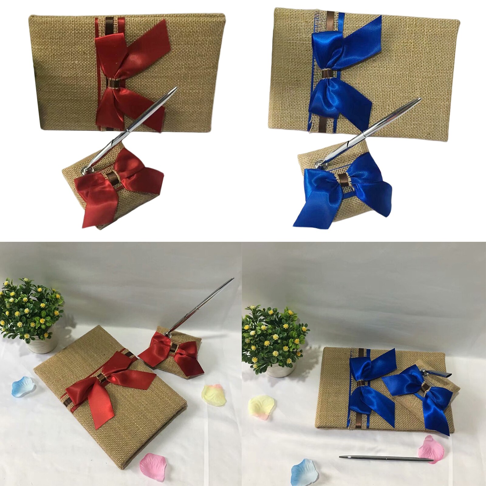 Rustic Chic Hessian Skirt Wedding Guest Book Pen Stand Set Satin Bowknot