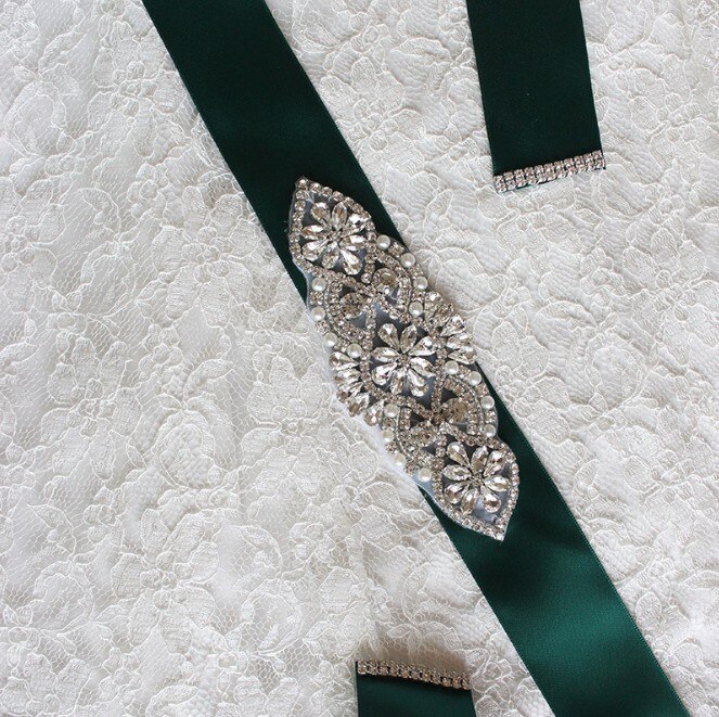 Brillant blanc Satin ceinture strass ceinture de mariée ceinture de mariage accessoire Applique pour soirée robes de bal décoration de mariage: green