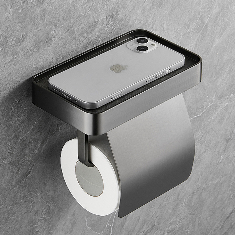 Tuqiu-soporte de papel higiénico gris cromado, portarrollos de papel de acero inoxidable con estante de almacenamiento para teléfono