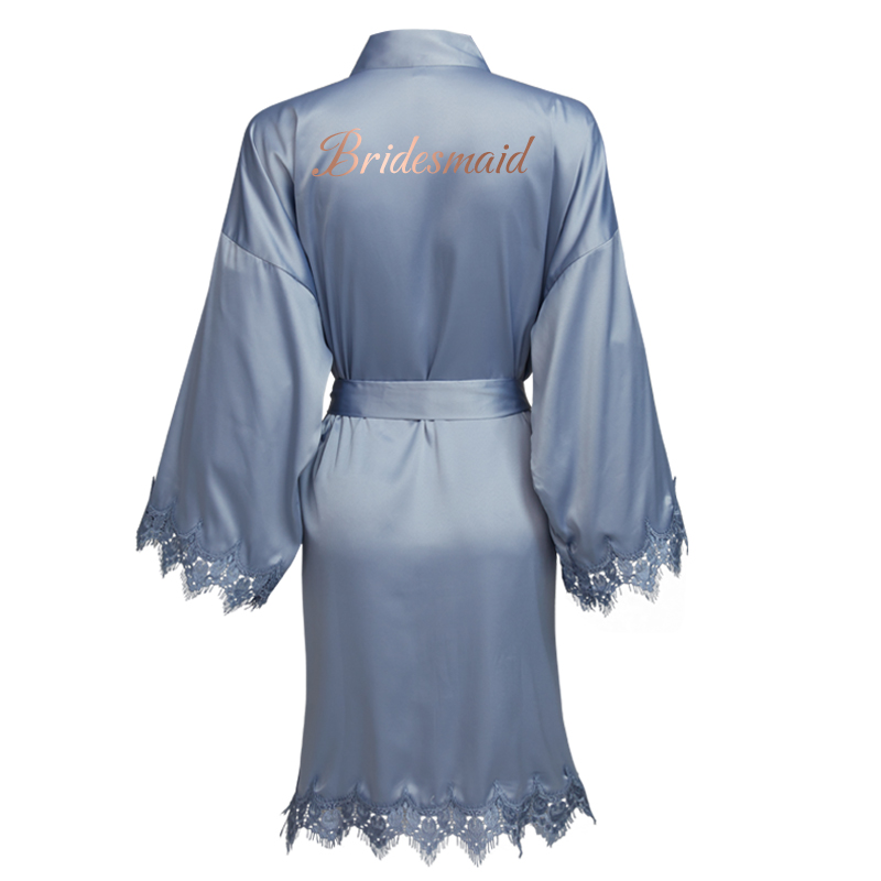 YUXINBRIDAL Dusty Blue Matt Satin Lace Robe with Trim Gown Bridal Wedding Bride Robes Bridesmaid Kimono Robe Bridal Robes