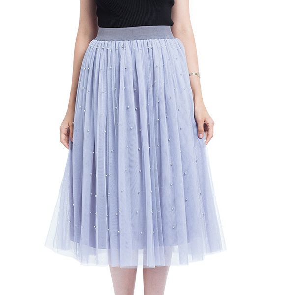 3 Layers Tulle Beading Women Skirts Spring Mesh Tulle Skirt With Bead Tutu Elastic Waist Pleated Skirt: gray