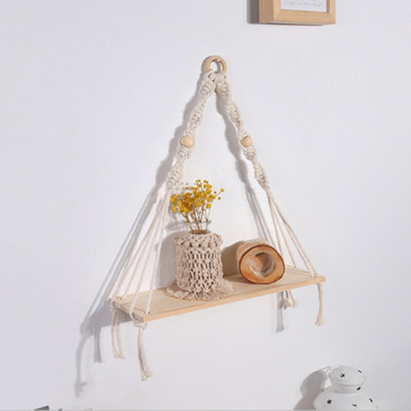 Estantes de macramé para dormitorio y plantas, decoración de Navidad Bohemia, estante de pared de madera, soporte de vela flotante, , decoración del hogar