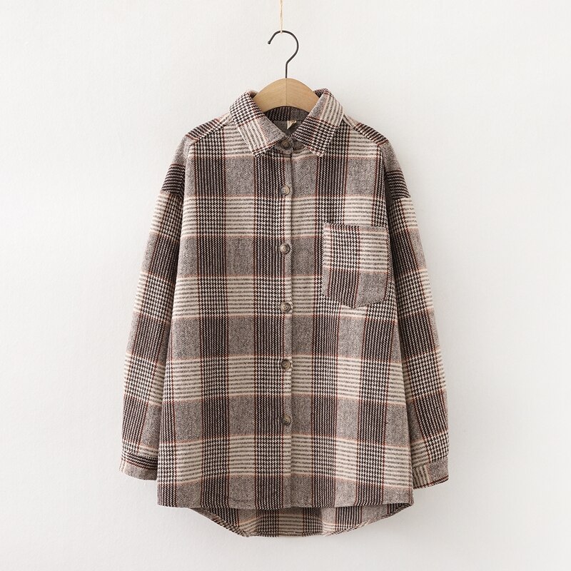 Tangada naisten ylisuuri ruudullinen poikaystävä tyyli paksu paitapusero pitkähihainen tyylikäs naisten vapaat topit bao 27: Ruskea / L