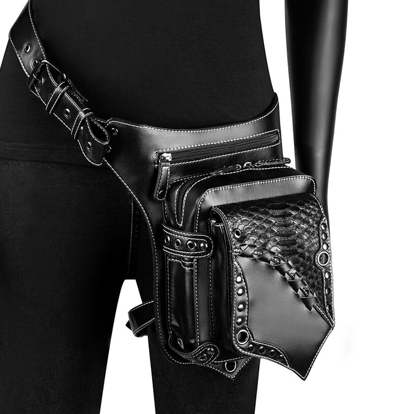 Men's Rock Leg Bags Steampunk Gothic Pack Male Retro Black Leather Rivet Waistbag for Female Crossbody Messenger Phone Case: Black