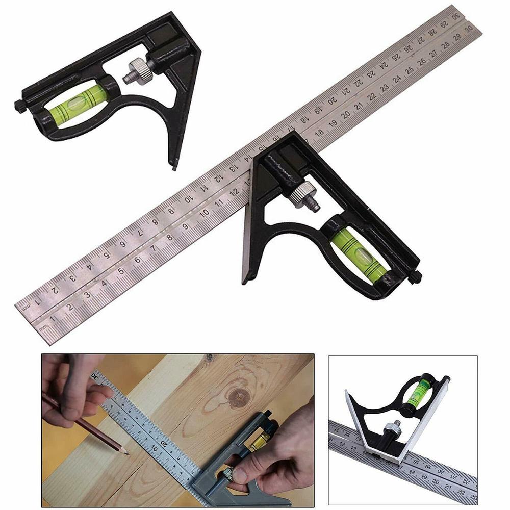 Square Ruler Set Kit 300mm (12") Adjustable Engineers Combination Try None Right Angle Ruler with Spirit Level and Scriber