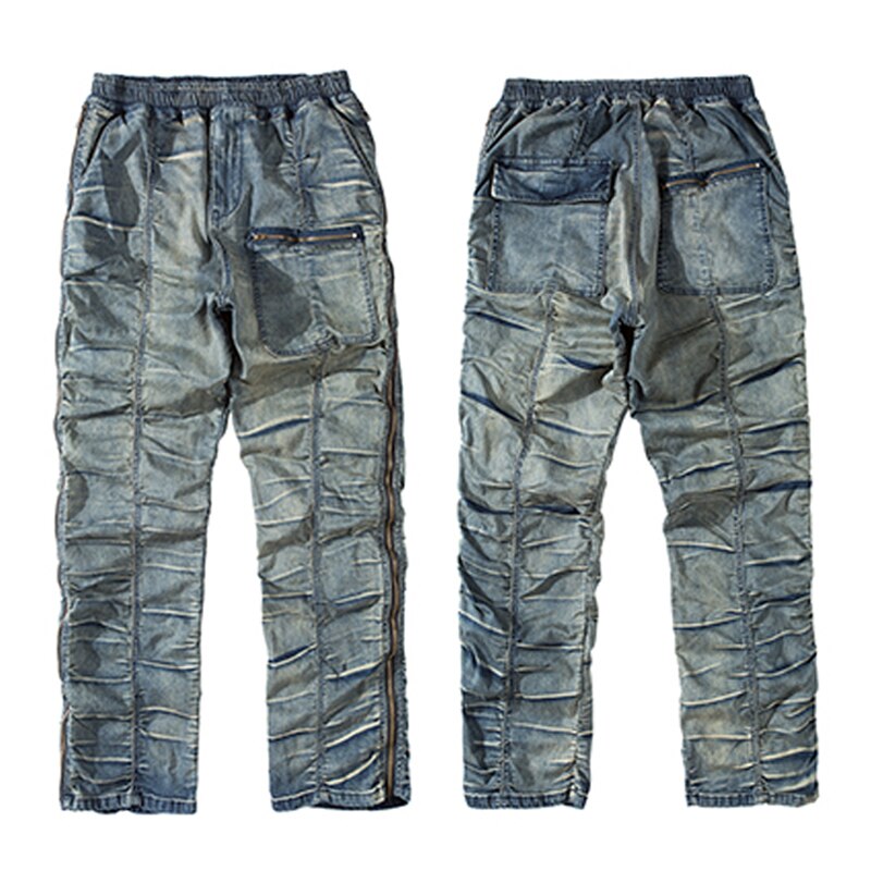 alto strada Cerniera Laterale angosciato Schiacciato Piega denim Dei jeans Degli Uomini di anca salto Elastico in Vita Dritto Pantaloni di Modo motociclista Pantaloni Pantaloni Pantaloni: S