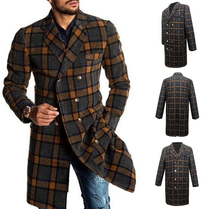 Mannen Houndstooth Gentleman Wollen Jas Modieuze Trenchcoat Revers Overjas Double-Breasted Jas Mid-Lengte Mannelijke Warme Jas