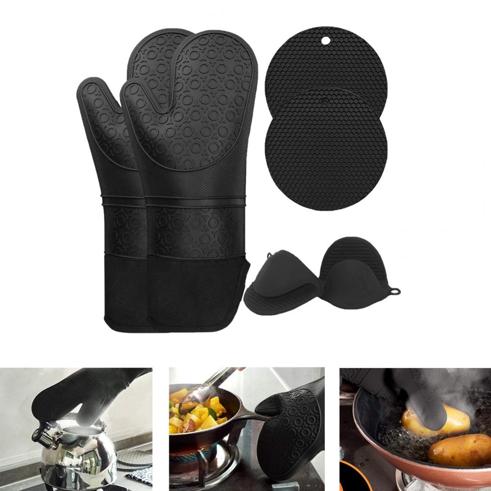5Pcs/Set Oven Mitts Flexible Heat Insulation Silicone Extra Long Mittens Gloves Pot Holders Placemat for Kitchen