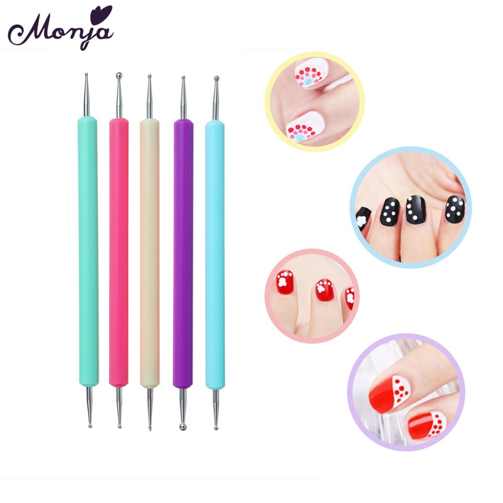 Monja 5 Stks/set Dubbele Hoofd Manicure Borstel Acryl Gel Graveren Pen Strass Kralen Decoratieve Delicate Nail Art Gereedschap