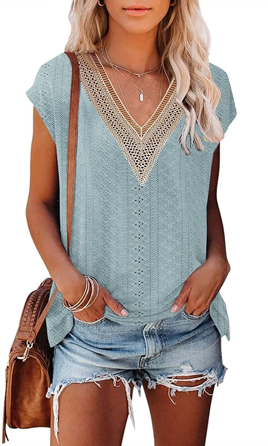 Yjkdyk dame sommertop kontrast t-shirt udhulet v-hals patchwork blonde t-shirt afslappet løs blød top kvinder: Xxl / Blå