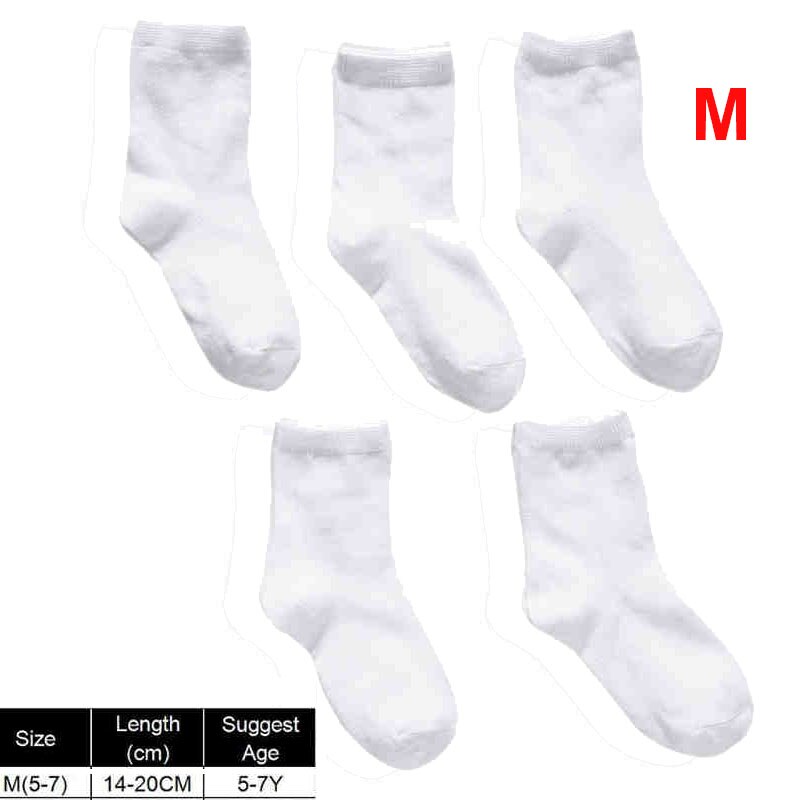 5 Pairs Kids Pure White Sock Baby Boy Girl Solid Breathable Cotton Sport Spring: M
