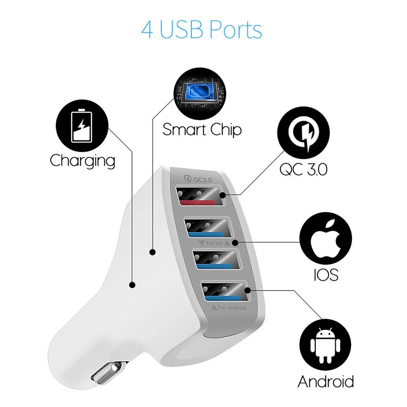 Quick Lading Qc 3.0 18W Snel Opladen In Auto Telefoon Oplader Adapter 4USB QC3.0 Auto Oplader Voor Mobiele Phon tablet Iphon Samsung