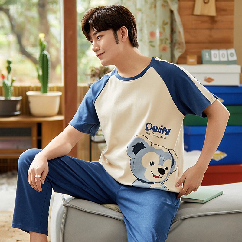 SONG-Conjunto de pijama de algodón para hombre, pantalones largos de manga corta y cuello redondo, con bonito de dibujos animados a la , para el hogar, 2 piezas, novedad de verano y otoño de