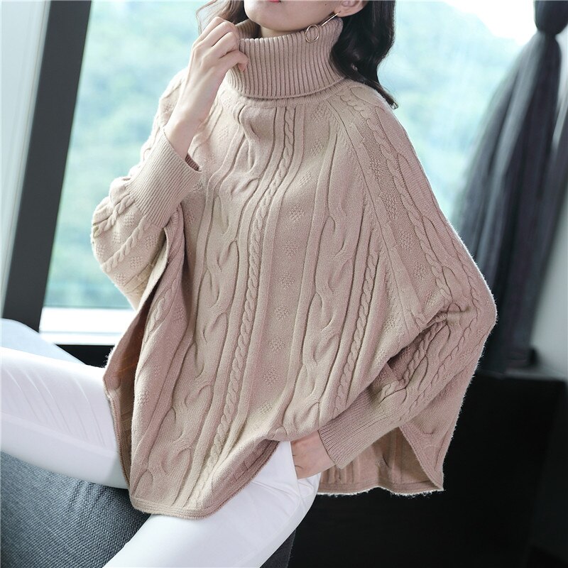 Kvindelig wrap swing cape efterår og vinter doven vind kvinders højkrave pullover twist bat sweater dame sweater dame: Khaki